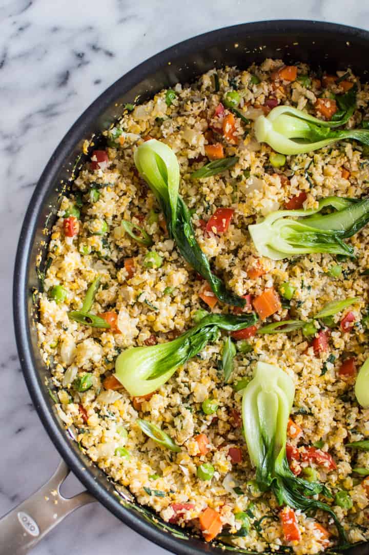 Easy Cauliflower Fried Rice with Baby Bok Choy - a healthy meal ready in 30 minutes! paleo, gluten-free, whole30 | healthynibblesandbits.com