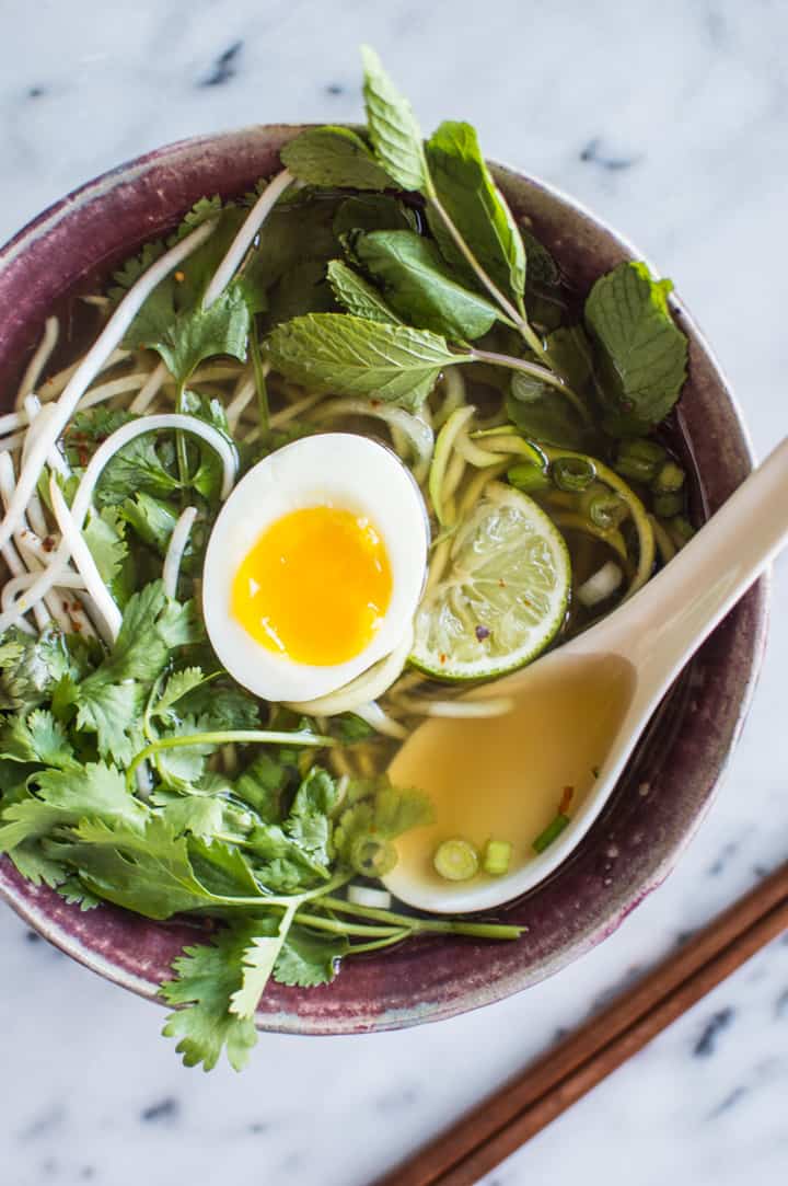 Quick Vegetarian Pho with Zucchini Noodles - an easy pho recipe that anyone can make! This dish is healthy, gluten-free and paleo | healthynibblesandbits.com