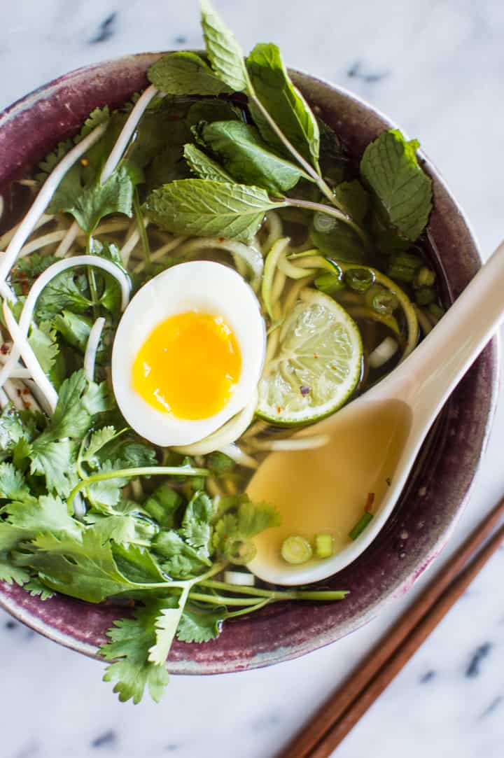 Quick Vegetarian Pho Recipe with Zucchini Noodles - an easy pho recipe that anyone can make!  | healthynibblesandbits.com