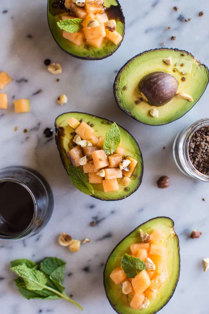 Avocado Cantaloupe Bowls with Pomegranate Balsamic Reduction - paleo, whole30, gluten-free, vegan | healthynibblesandbits.com