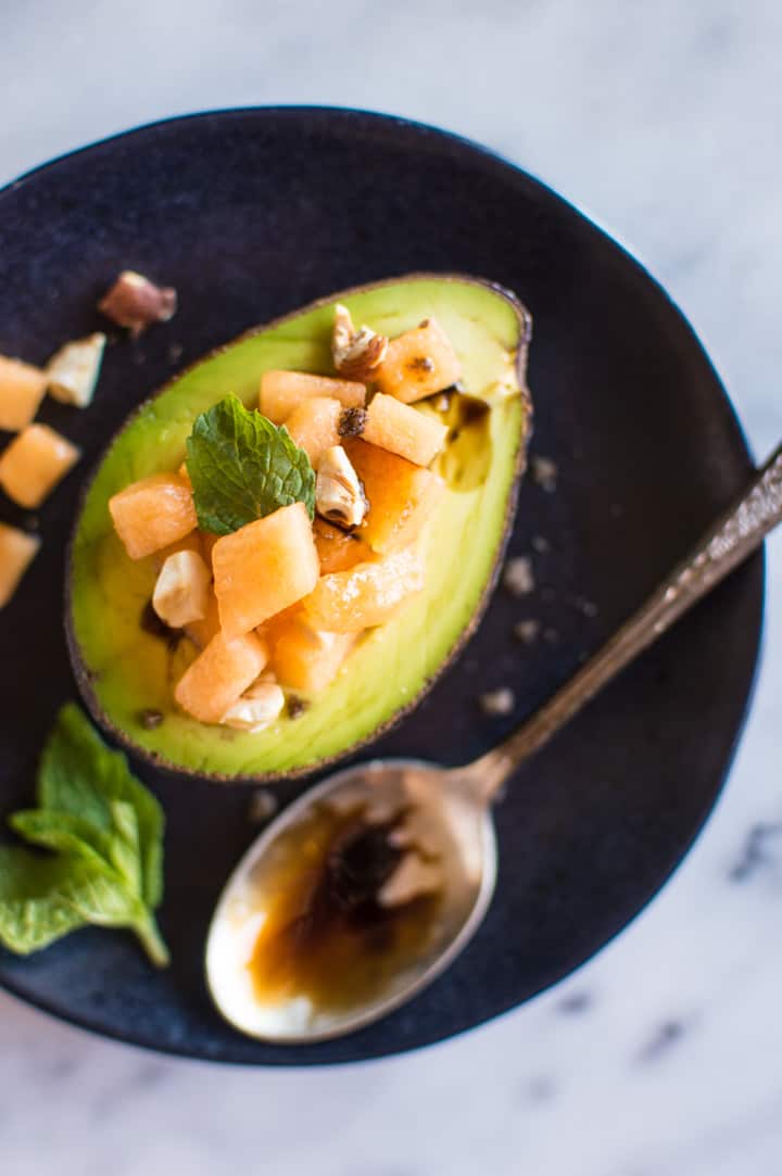 Avocado Cantaloupe Bowls with Pomegranate Balsamic Reduction - paleo, whole30, gluten-free, vegan | healthynibblesandbits.com