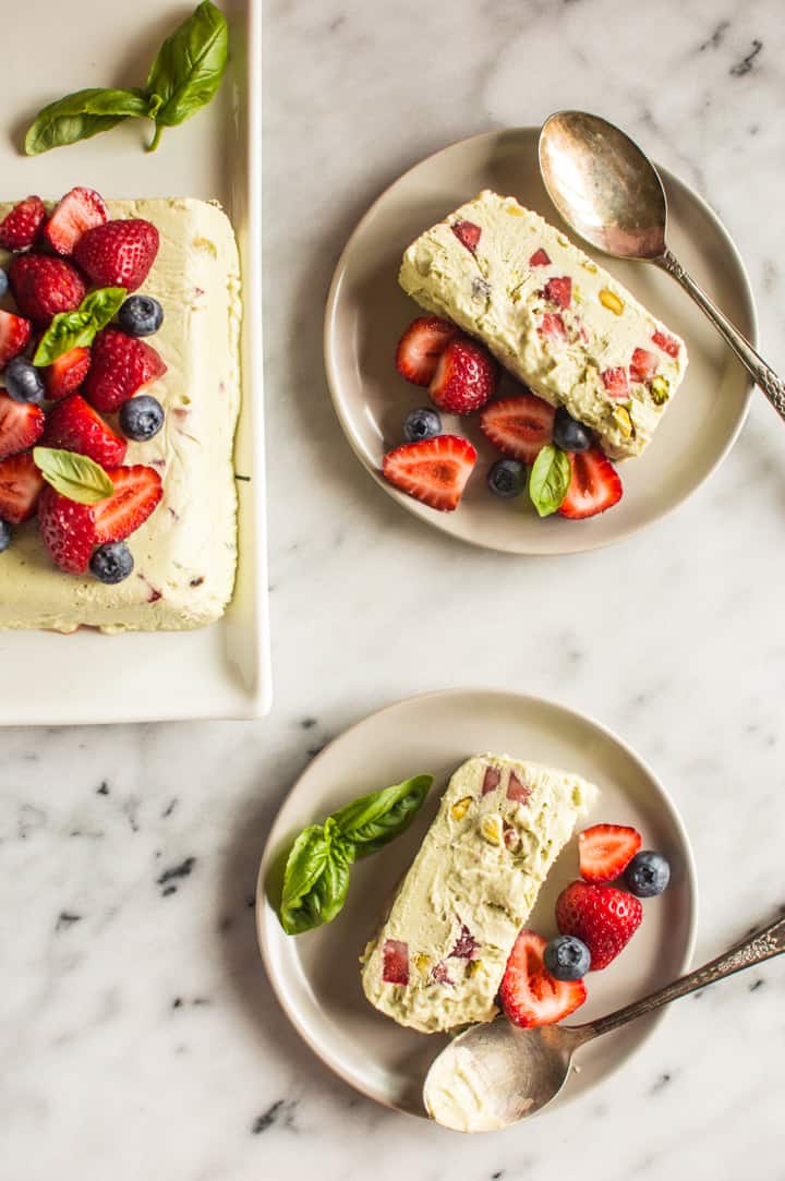 Avocado Semifreddo with Strawberries and Basil - a delicious dessert that is paleo, vegan, and gluten free! | healthynibblesandbits.com