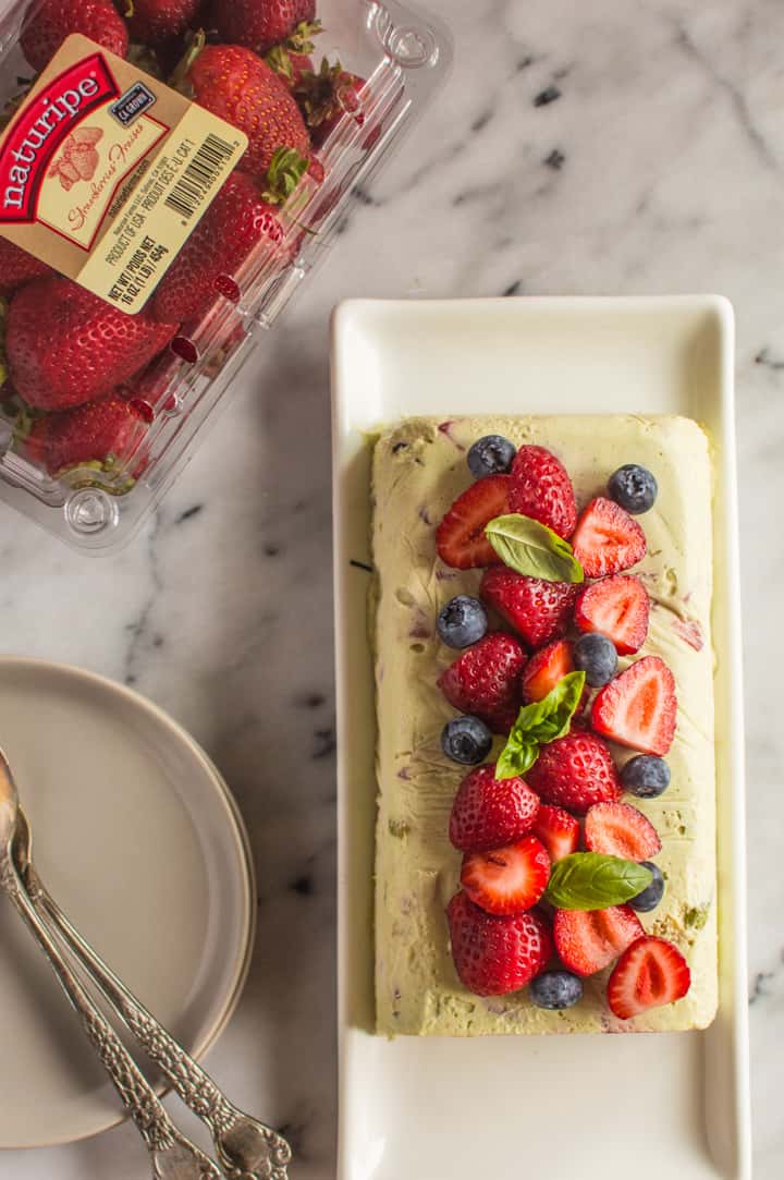 Avocado Semifreddo with Strawberries and Basil - a delicious dessert that is paleo, vegan, and gluten free! | healthynibblesandbits.com