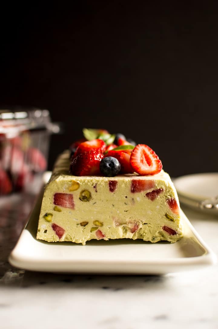 Avocado Semifreddo with Strawberries and Basil - a delicious dessert that is paleo, vegan, and gluten free! | healthynibblesandbits.com