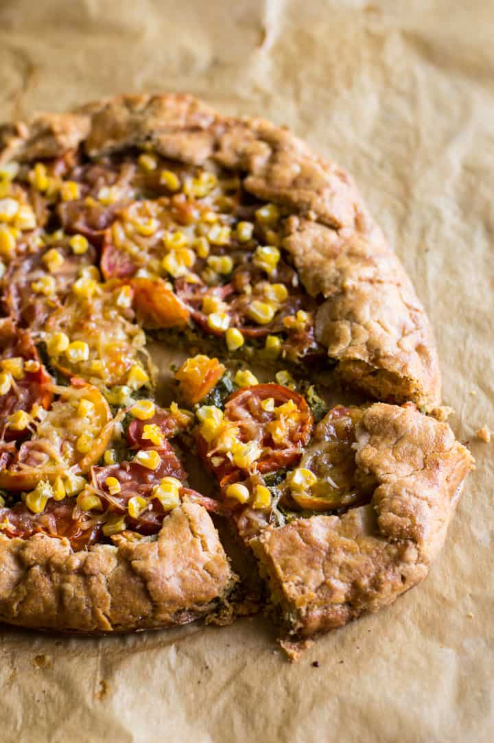 Gluten-Free Heirloom Tomato Galette with Kale Pesto - a delicious savory galette with a flaky gluten-free crust! | healthynibblesandbits.com