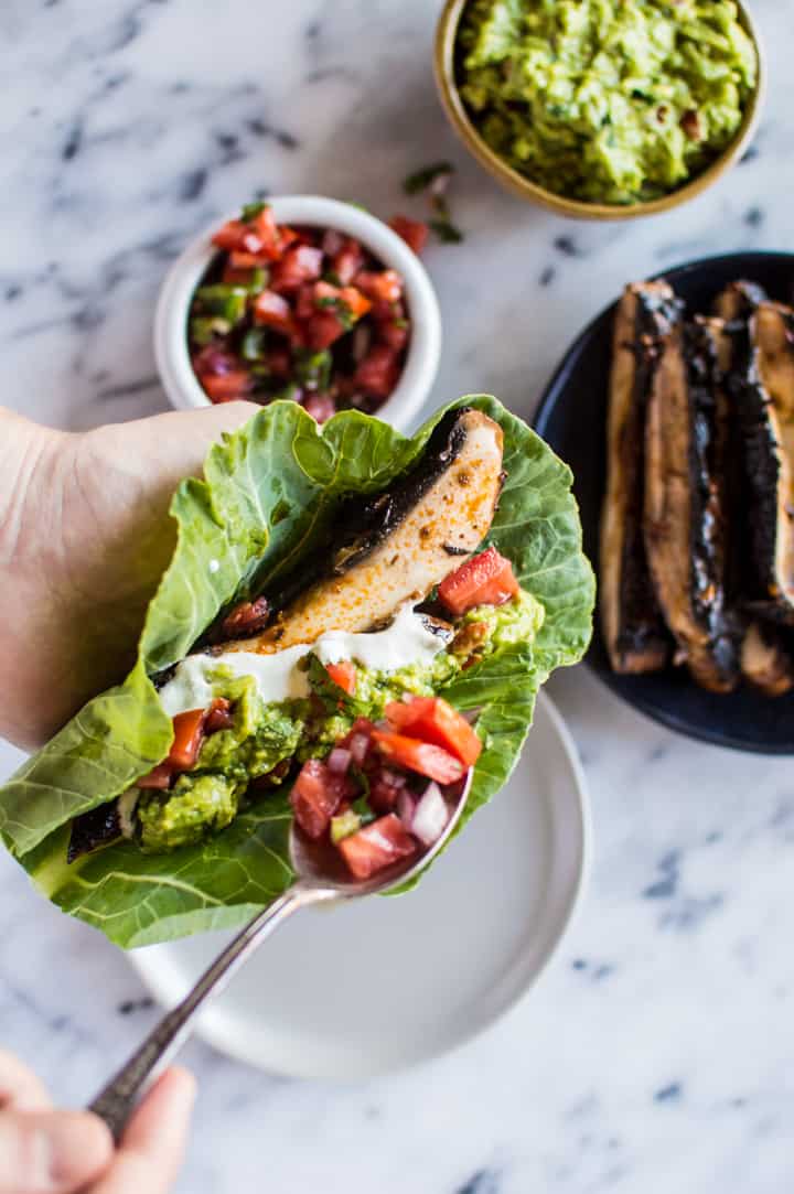 Harissa Portobello Mushroom Tacos - lighten up your tacos with collard greens! These tacos are ready in under 30 minutes! vegan, gluten-free, paleo, whole30 | healthynibblesandbits.com