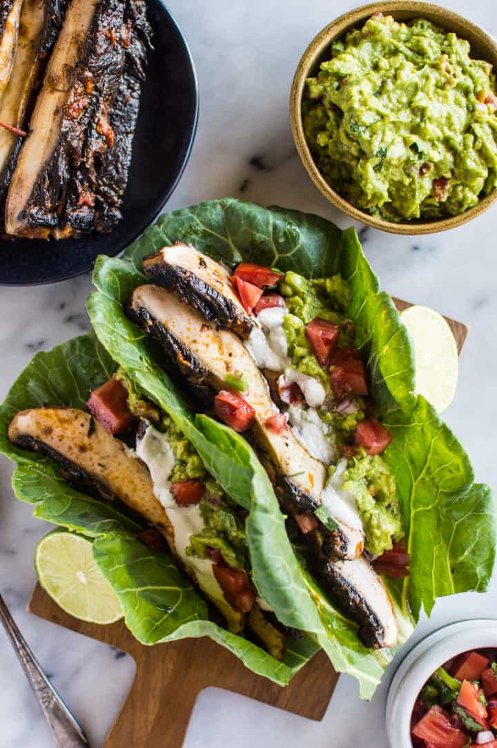 Harissa Portobello Tacos - lighten up your tacos with collard greens! These tacos are ready in under 30 minutes! vegan, gluten-free, paleo, whole30 | healthynibblesandbits.com