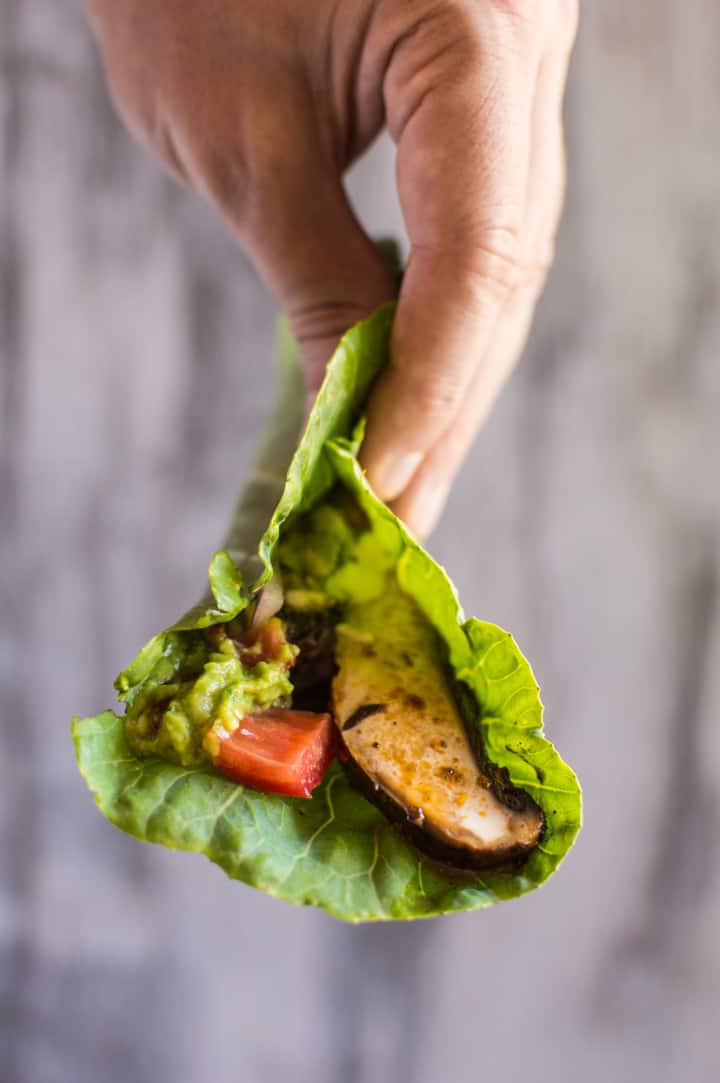 Harissa Portobello Mushroom Tacos - lighten up your tacos with collard greens! These tacos are ready in under 30 minutes! vegan, gluten-free, paleo, whole30 | healthynibblesandbits.com