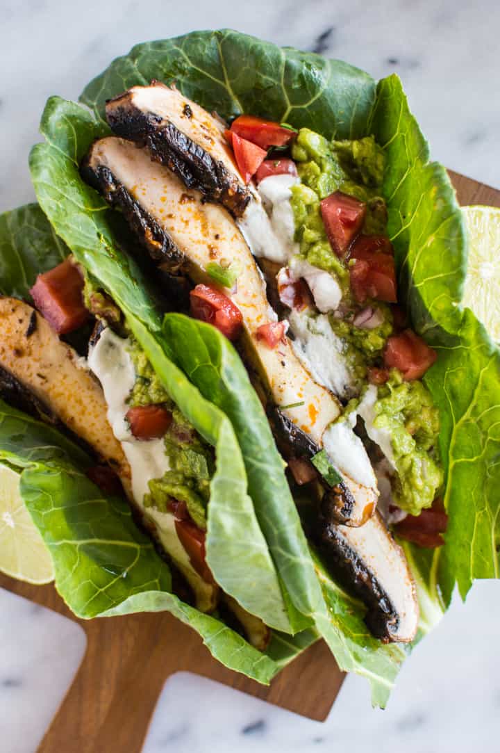 Harissa Portobello Mushroom Tacos - lighten up your tacos with collard greens! These tacos are ready in under 30 minutes! vegan, gluten-free, paleo, whole30| healthynibblesandbits.com