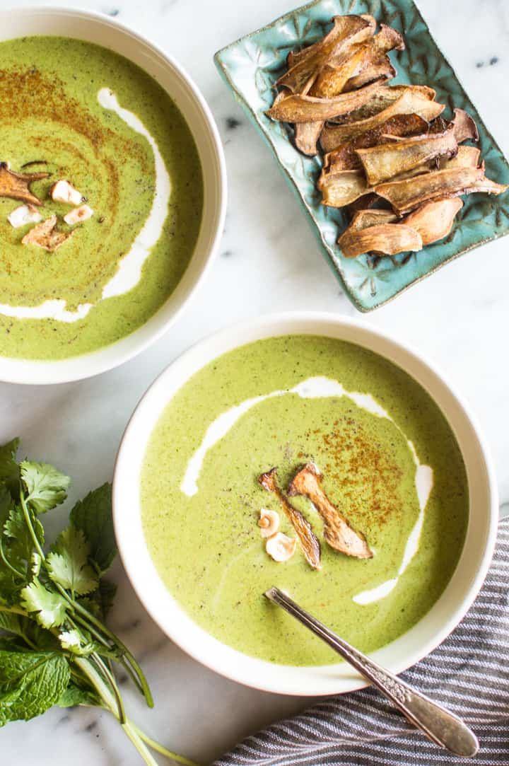 Summer Green Soup with King Oyster Mushroom Chips - gluten-free, whole30, paleo, vegan | healthynibblesandbits.com