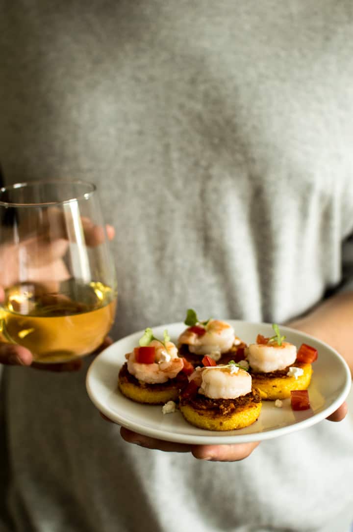 Cheesy Shrimp Polenta Bites - easy gluten-free party appetizer! | healthynibblesandbits.com