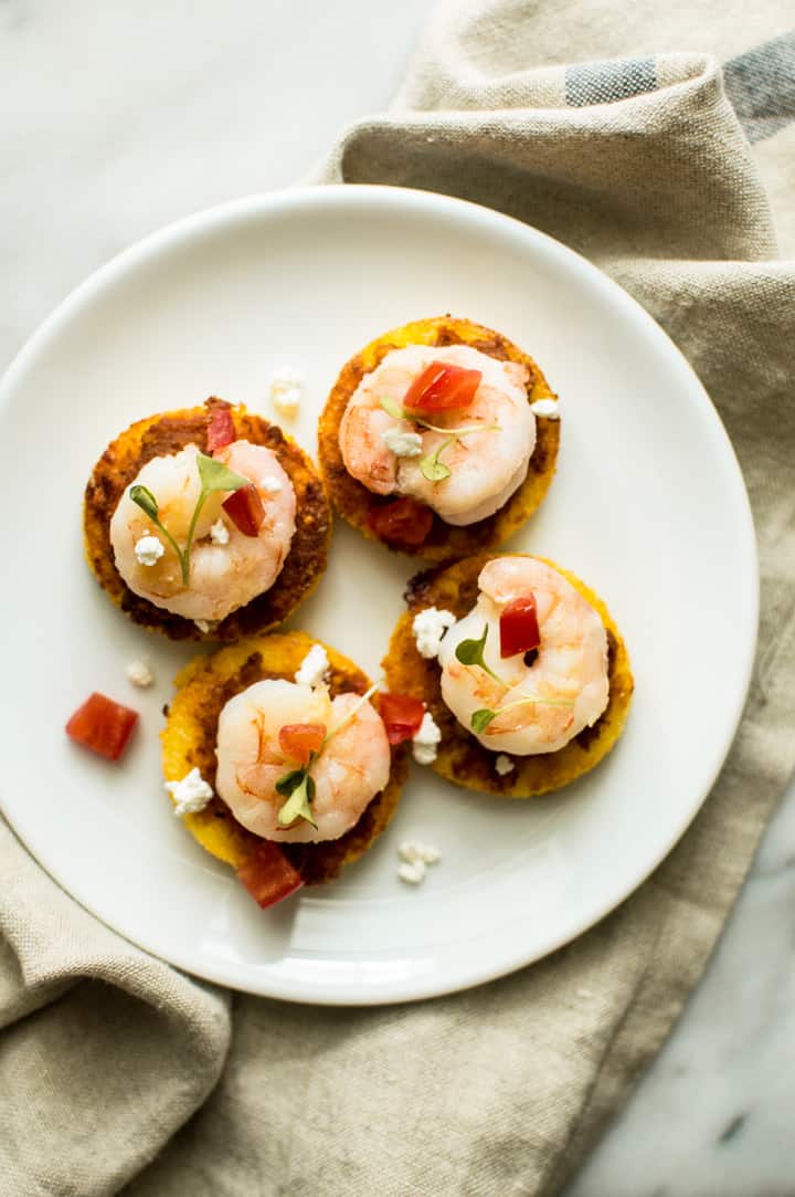 Cheesy Shrimp Polenta Bites - easy gluten-free party appetizer! | healthynibblesandbits.com