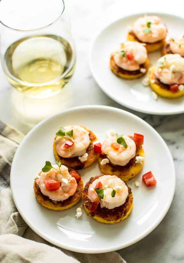 Cheesy Shrimp Polenta Bites - perfect gluten-free appetizer! | healthynibblesandbits.com