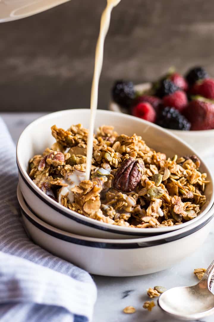 Easy Ginger Spiced Granola with Ancient Grains - this healthy, gluten-free granola is so easy to make at home, you won't want to buy store bought granola again! | healthynibblesandbits.com