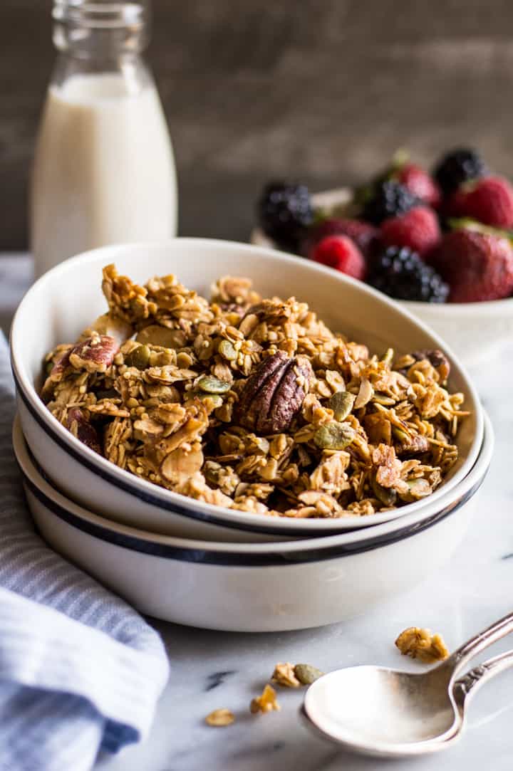 Easy Ginger Spiced Granola with Ancient Grains - this healthy, gluten-free granola is so easy to make at home, you won't want to buy store bought granola again! | healthynibblesandbits.com