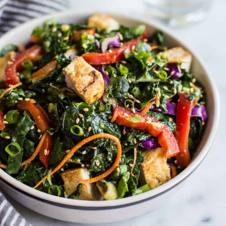 Kale Salad with Fried Tofu and Miso Ginger Dressing image