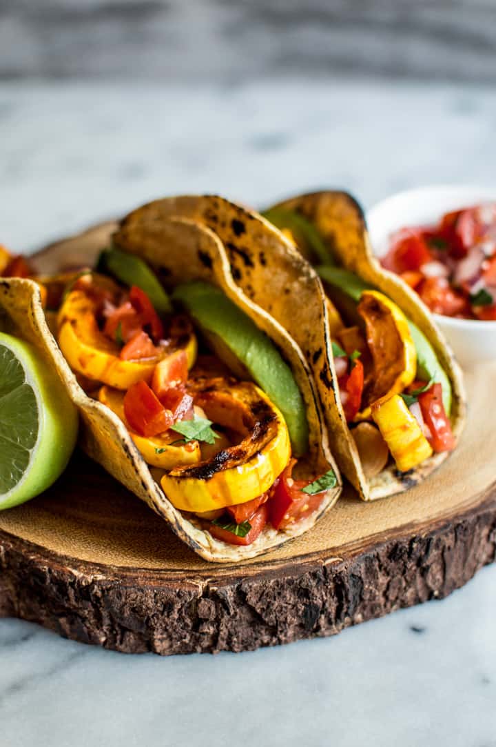 Harissa Miso Delicata Squash Tacos - easy vegan meal that's ready in 30 minutes! | healthynibblesandbits.com