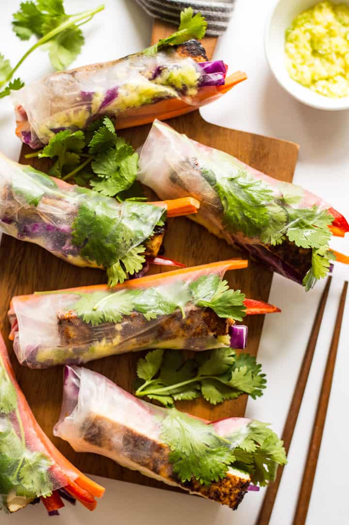 Red Curry Brown Sugar Tofu Spring Rolls with Ginger Onion Paste - vegan and gluten-free appetizer! | healthynibblesandbits.com