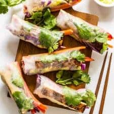 Red Curry Brown Sugar Tofu Spring Rolls with Ginger Onion Paste - vegan and gluten-free appetizer! | healthynibblesandbits.com