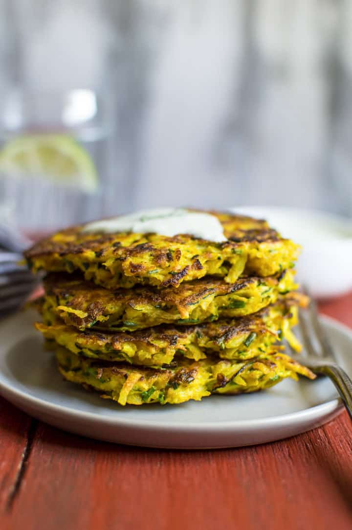 8-Ingredient Turmeric Zucchini and Potato Fritters - easy gluten-free sides that are perfect for any meal! | healthynibblesandbits.com