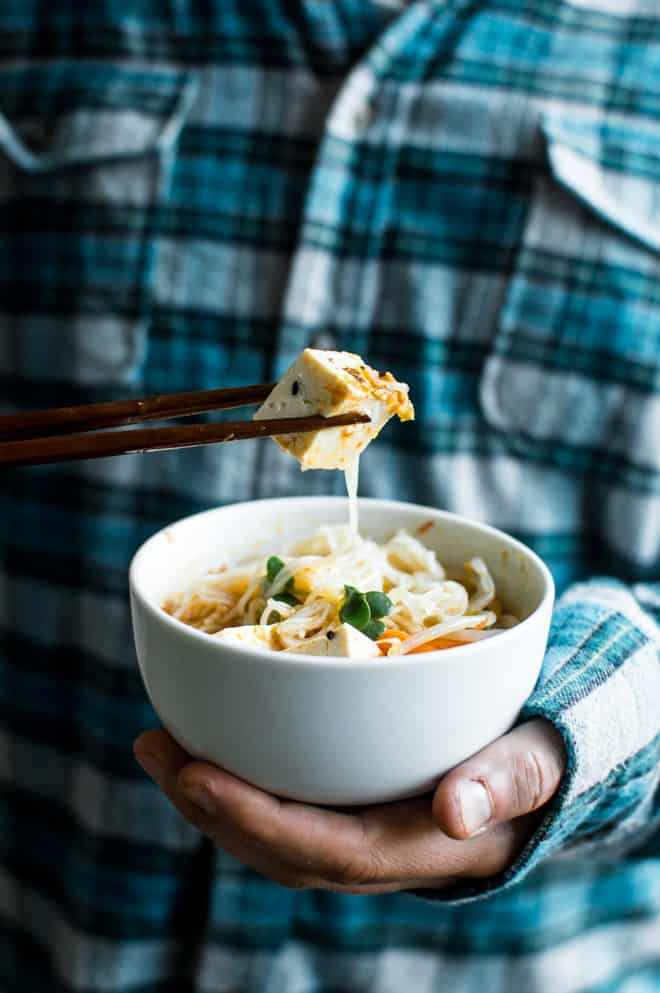 Curry Laksa with Tofu - a delicious, gluten-free dish to keep you warm in the winter! by Lisa Lin of Healthy Nibbles & Bits