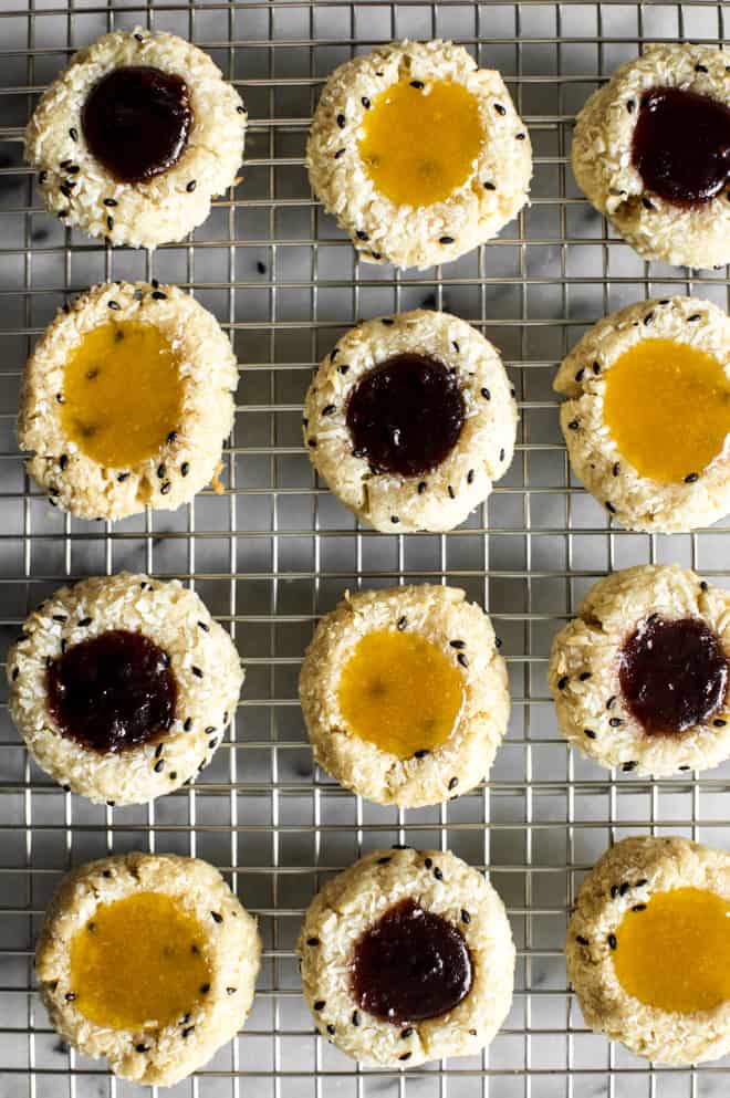 Easy Gluten-Free Thumbprint Cookies Recipe that are made with less than 10 ingredients! by Lisa Lin of healthynibblesandbits.com