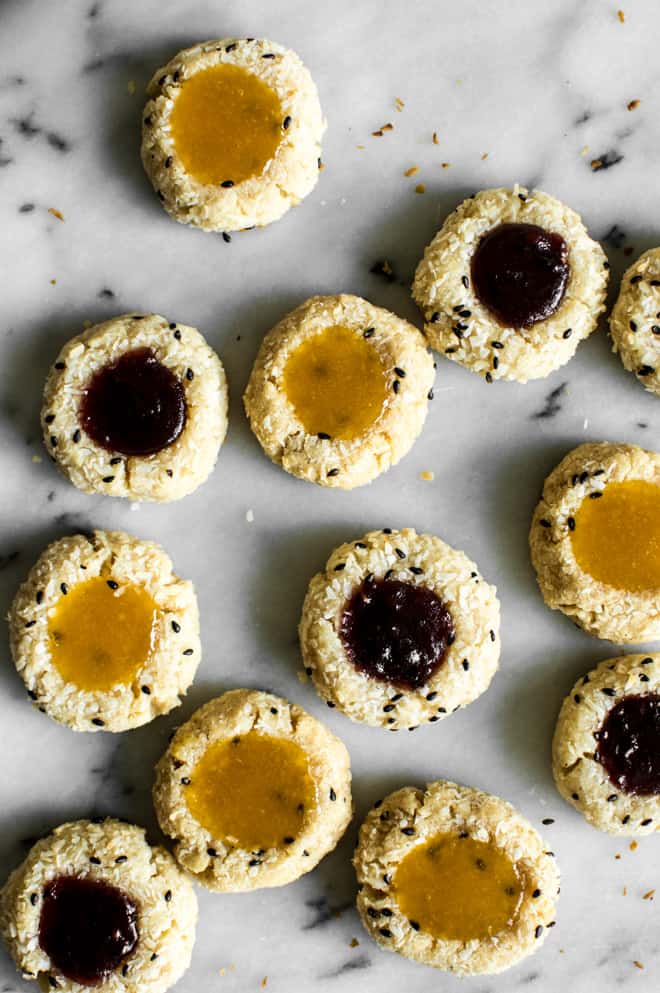 Easy Gluten-Free Thumbprint Cookies Recipe - made with less than 10 ingredients! by Lisa Lin of healthynibblesandbits.com