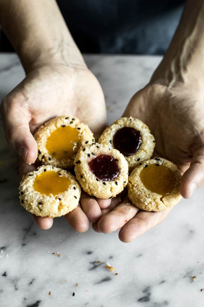 Simple Gluten-Free Thumbprint Cookies with jam - made with less than 10 ingredients! by Lisa Lin of healthynibblesandbits.com