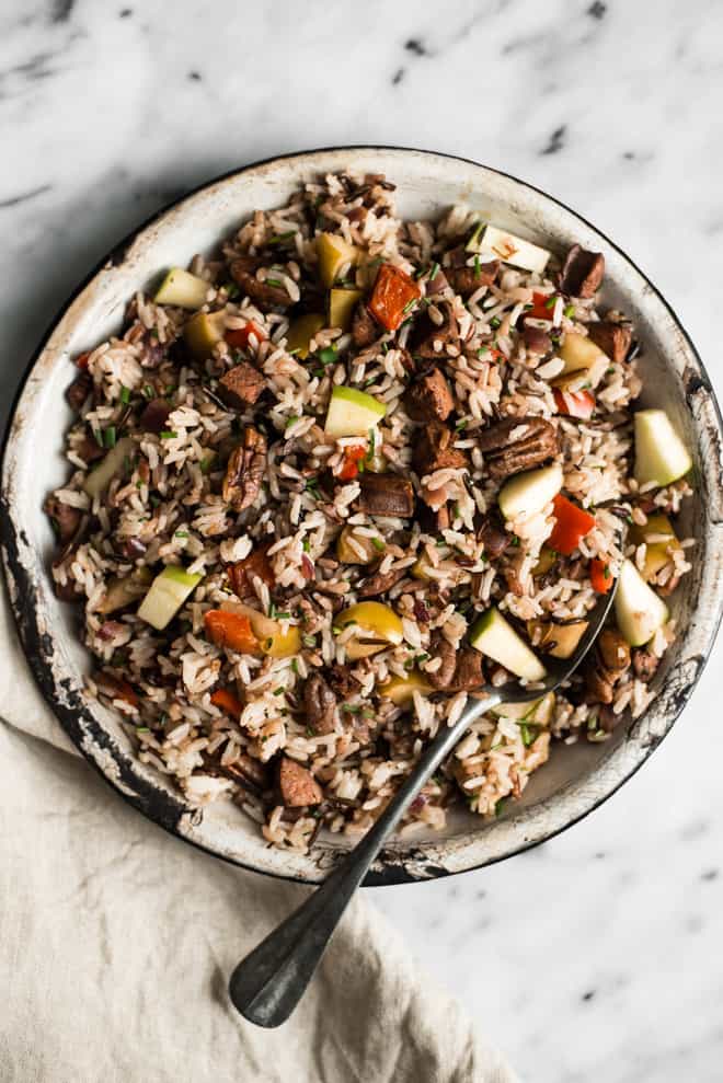 Chorizo and Apple Rice Salad - an easy, healthy, gluten-free meal ready in 45 minutes! by Lisa Lin of healthynibblesandbits.com