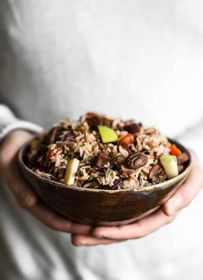 Chorizo and Apple Rice Salad - an easy, healthy, gluten-free meal ready in 45 minutes! by Lisa Lin of healthynibblesandbits.com