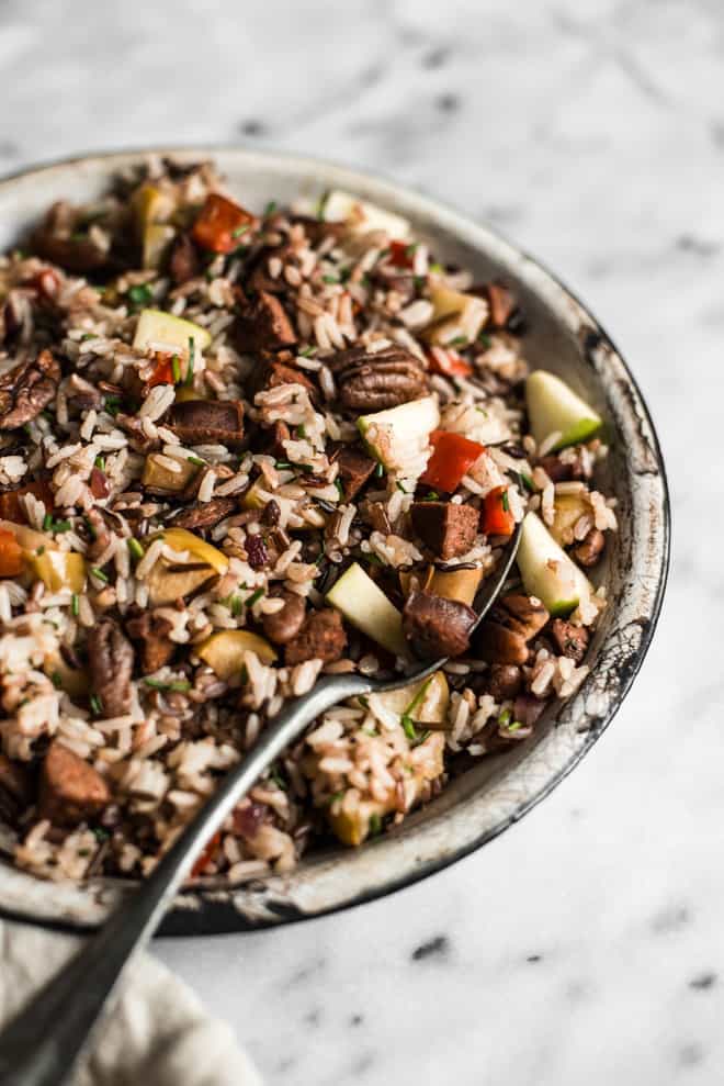 Chorizo and Apple Rice Salad - an easy, healthy, gluten-free meal ready in 45 minutes! by Lisa Lin of healthynibblesandbits.com