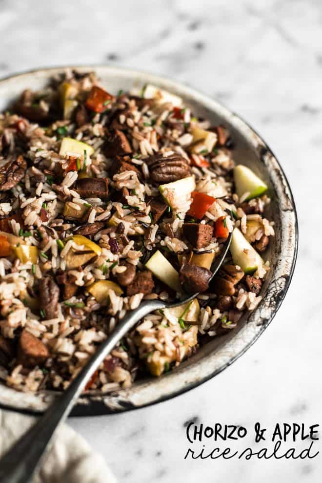 Chorizo and Apple Rice Salad - an easy, healthy, gluten-free meal ready in 45 minutes! by Lisa Lin of healthynibblesandbits.com