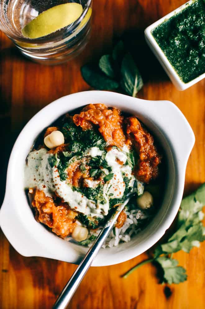 Eggplant Bliss Bowl with Mint and Cilantro Chutney - a delicious and light vegetarian meal! by Lisa Lin of healthynibblesandbits.com