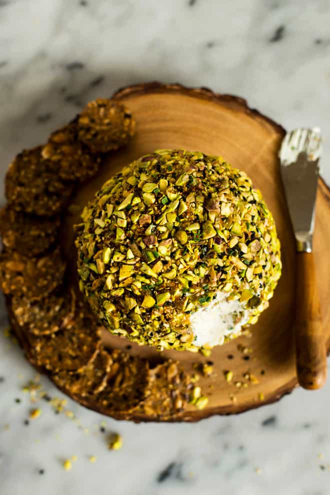 Japanese-Spiced Goat Cheese Ball - an easy, gluten-free party appetizer. It's filled with Japanese spices and covered in toasted pistachios! by Lisa Lin of healthynibblesandbits.com