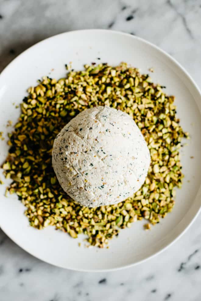 Japanese-Spiced Goat Cheese Ball - an easy, gluten-free party appetizer. It's filled with Japanese spices and covered in toasted pistachios! by Lisa Lin of healthynibblesandbits.com