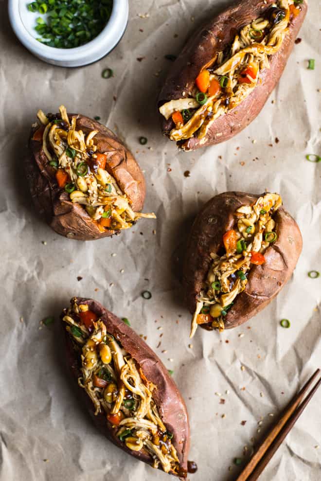 Kung Pao Chicken Stuffed Potatoes, Two Ways - a delicious, gluten-free dish that is ready in 45 minutes! by Lisa Lin of healthynibblesandbits.com