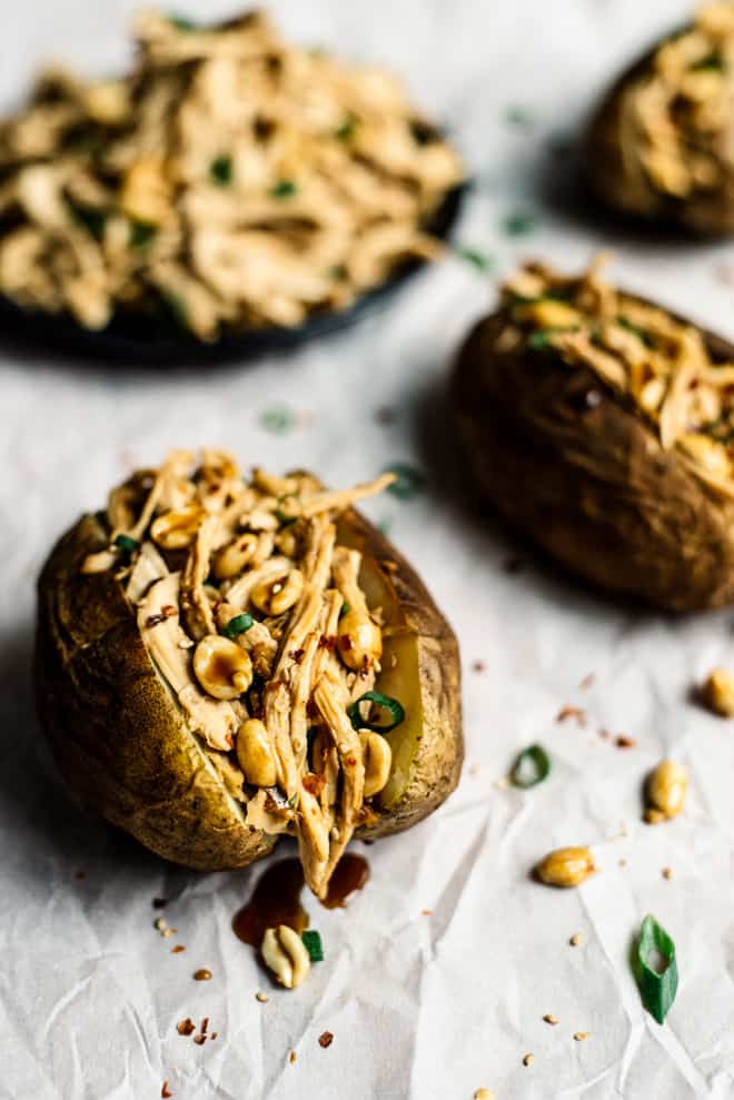 Kung Pao Chicken Stuffed Potatoes, Two Ways - a delicious, gluten-free dish that is ready in 45 minutes! by Lisa Lin of healthynibblesandbits.com