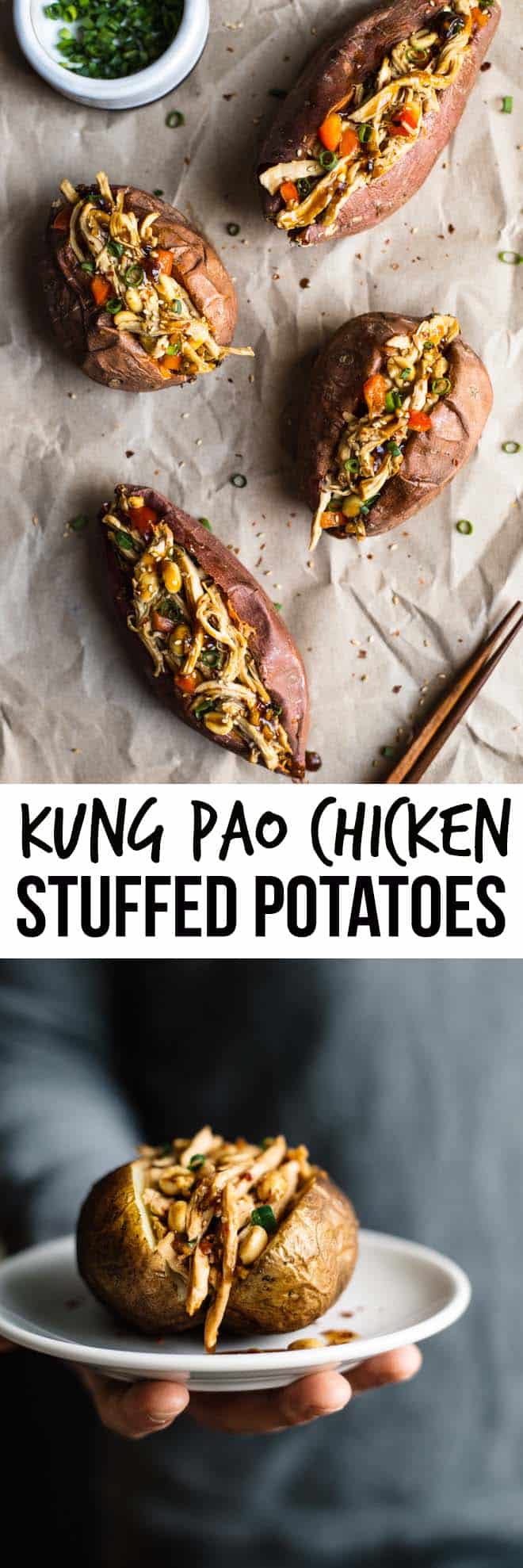 Kung Pao Chicken Stuffed Potatoes, Two Ways - a delicious, gluten-free dish that is ready in 45 minutes! by Lisa Lin of healthynibblesandbits.com