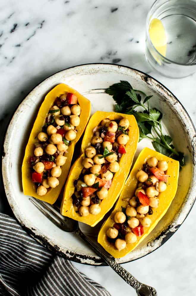 Mediterranean Chickpea Salad Stuffed Squash - an easy gluten free and weeknight meal from Lisa Lin of healthynibblesandbits.com