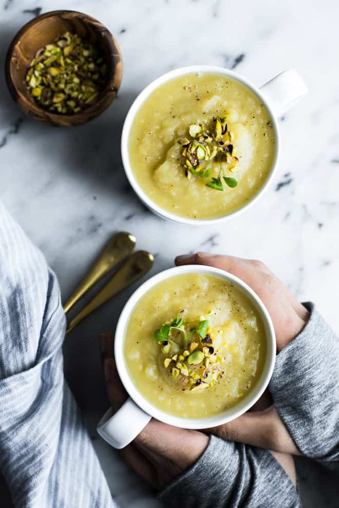 Thai-Spiced Potato Leek Soup - an easy, vegan soup that's easy to make! by Lisa Lin of healthynibblesandbits.com