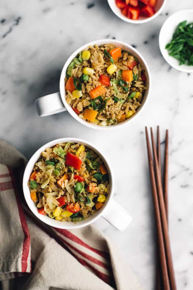 Gluten-Free Egg Fried Rice in a Mug - easy, healthy meal that's ready in less than 10 minutes! by Lisa Lin of healthynibblesandbits.com