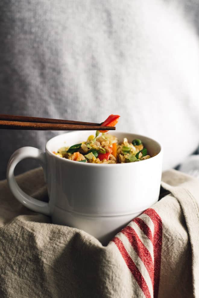 Gluten-Free Egg Fried Rice in a Mug - easy, healthy meal that's ready in less than 10 minutes! by Lisa Lin of healthynibblesandbits.com