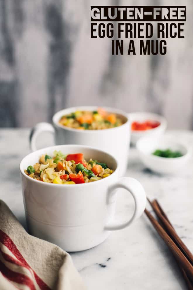 Gluten-Free Egg Fried Rice in a Mug - easy, healthy meal that's ready in less than 10 minutes! by Lisa Lin of healthynibblesandbits.com