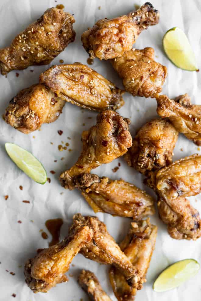 Cracklin' Honey Chili Lime Baked Chicken Wings - easy appetizer for all our parties! by Lisa Lin of healthynibblesandbits.com