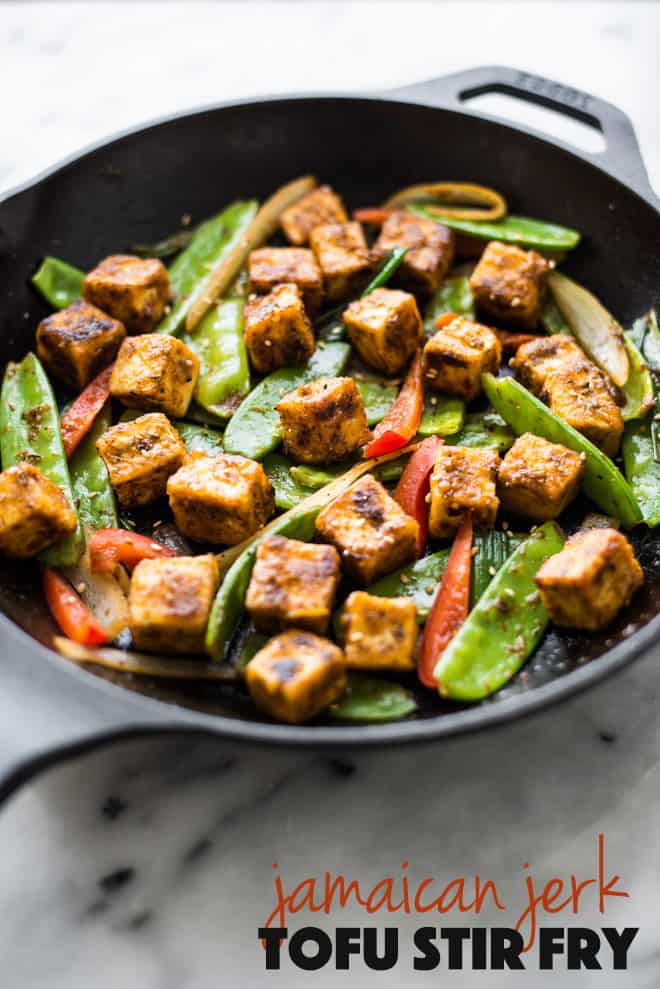 Jamaican Jerk Tofu Stir Fry - easy vegan meal that is full of spice! by Lisa Lin of healthynibblesandbits.com