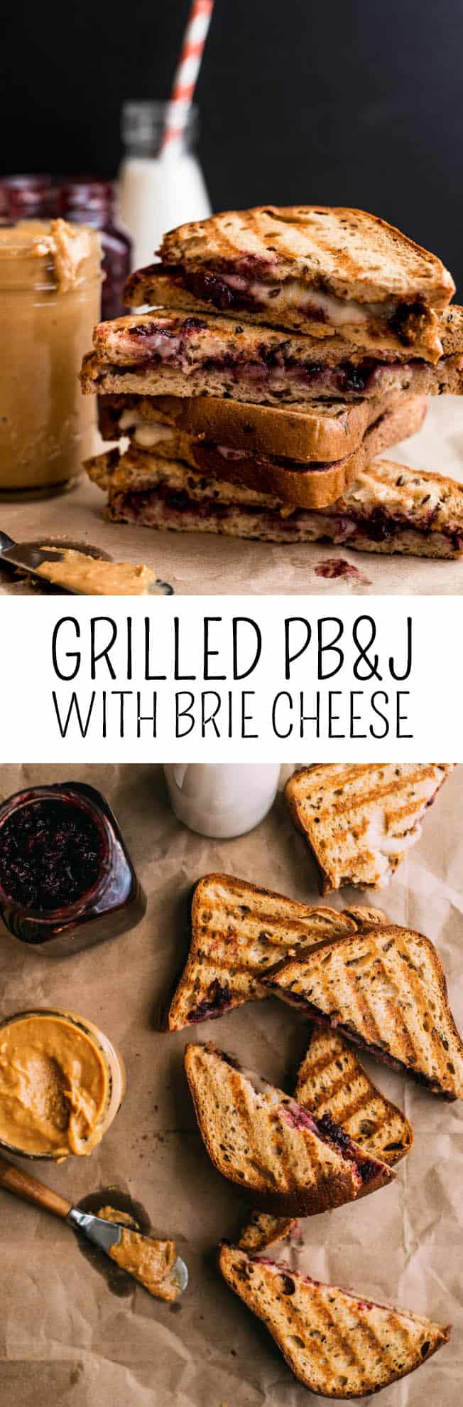 Grilled Peanut Butter and Jelly Sandwich with Brie Cheese - this is the ULTIMATE comfort food! Ready with just 5 ingredients! by Lisa Lin of healthynibblesandbits.com