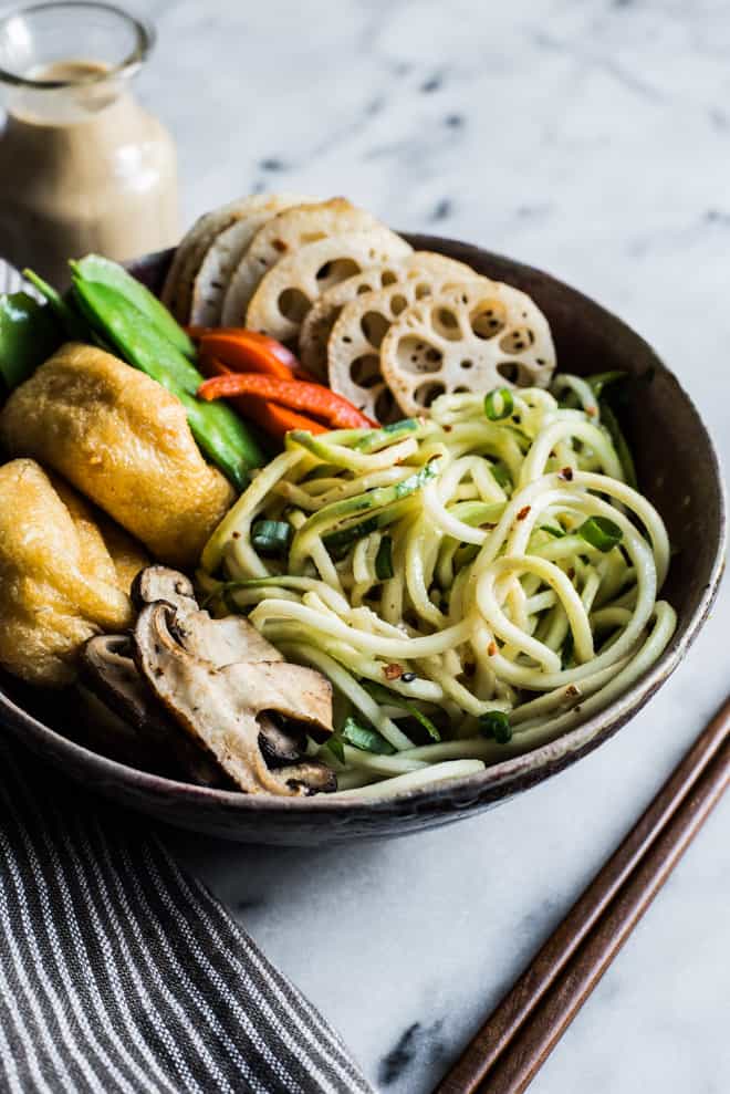 Zucchini Noodle (Zoodles) Bowl with Peanut Coconut Sauce - this dreamy vegan and gluten-free bowl is ready in 30 minutes! by Lisa Lin of healthynibblesandbits.com