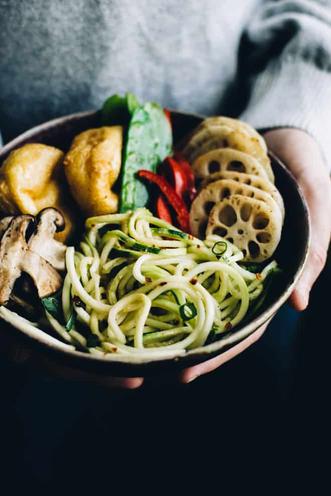 Zucchini Noodle Bowl ("Zoodles") with Peanut Coconut Sauce - this dreamy vegan and gluten-free bowl is ready in 30 minutes! by Lisa Lin of healthynibblesandbits.com