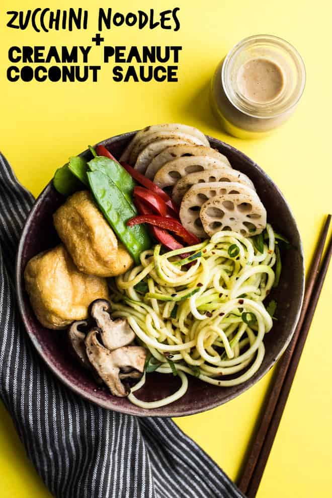 Zucchini Noodle (Zoodles) Bowl with Peanut Coconut Sauce - this dreamy vegan and gluten-free bowl is ready in 30 minutes! by Lisa Lin of healthynibblesandbits.com