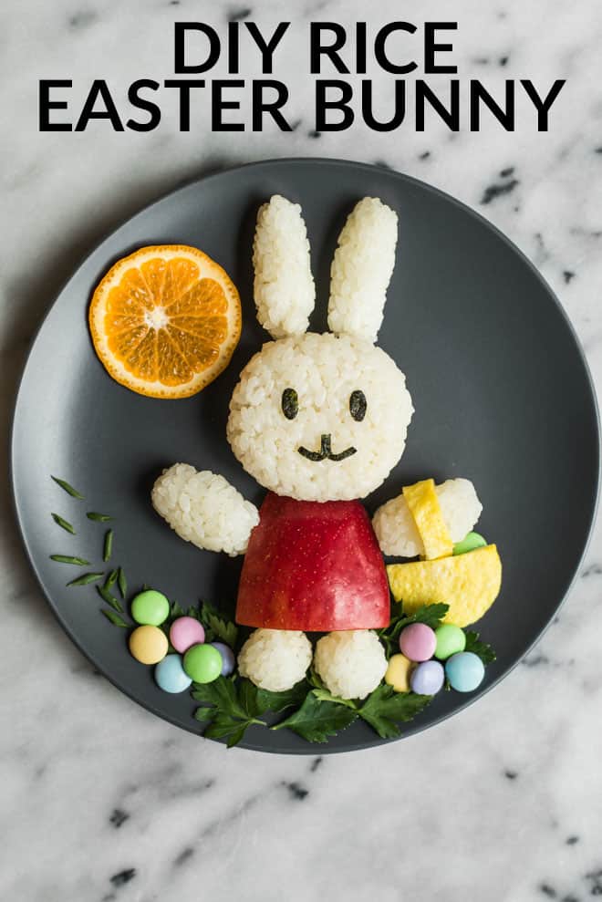 Easy Easter Bunny Food Art - made with rice, an apple, sushi seaweed, parsley, an egg, and M&M's! by @healthynibs